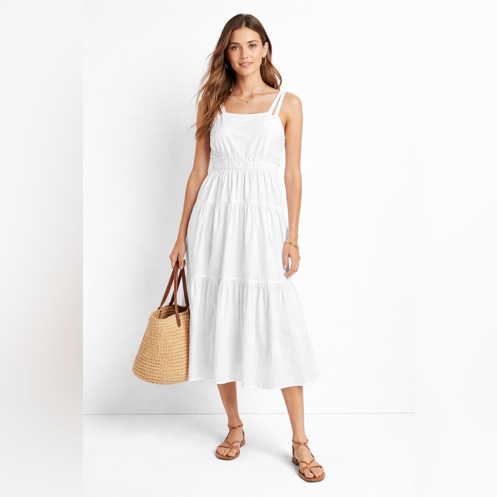 Pinch Tiered Midi Dress Cotton Poplin Sundress Pockets‎ Sleeveless White Size L